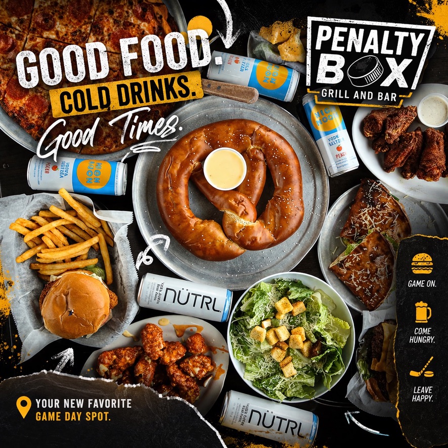 Spread of pizza, pretzel, wings, burger, fries, Caesar salad and cold drinks on the table at Penalty Box Bar & Grill in East Alton